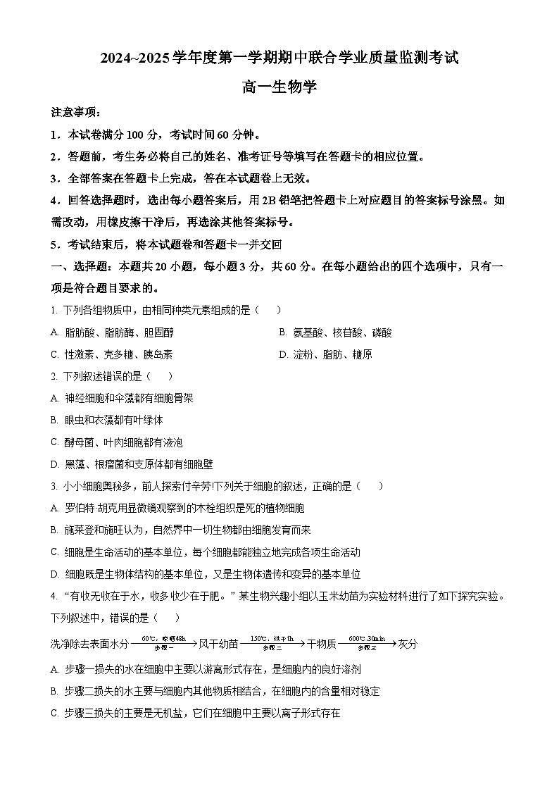 广东省清远市九校联考2024-2025学年高一上学期11月期中生物试题无答案第1页