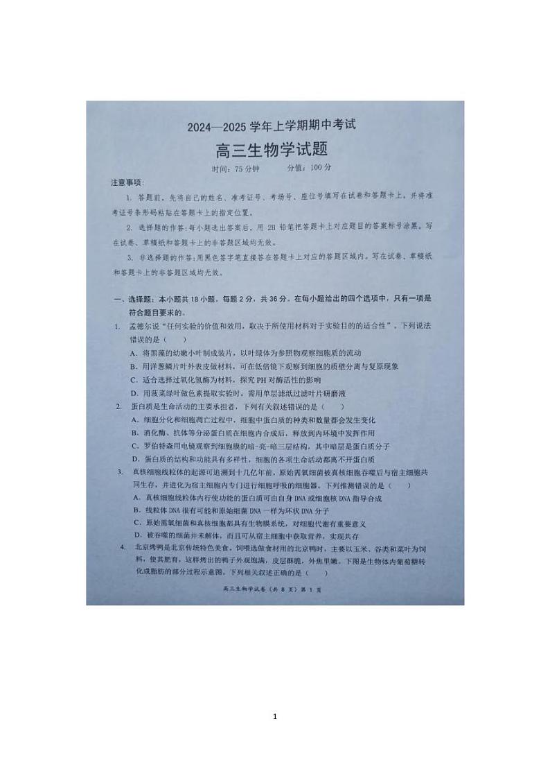 生物丨湖北省新高考协作体2025届高三上学期11月期中考试生物试卷及答案第1页