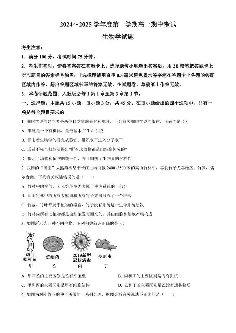 安徽省滁州市九校联考2024-2025学年高一上学期11月期中考试 生物（含答案）第1页