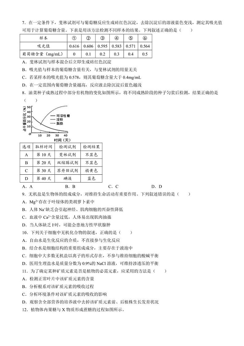 2024～2025学年安徽省合肥市第一中学高一(上)期中联考生物试卷(含答案)第2页