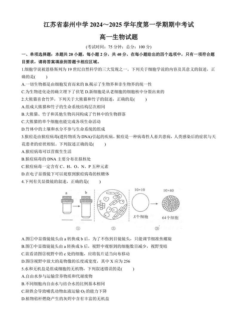2024～2025学年江苏省泰州市海陵区江苏省泰州中学高一(上)期中生物试卷(含答案)第1页