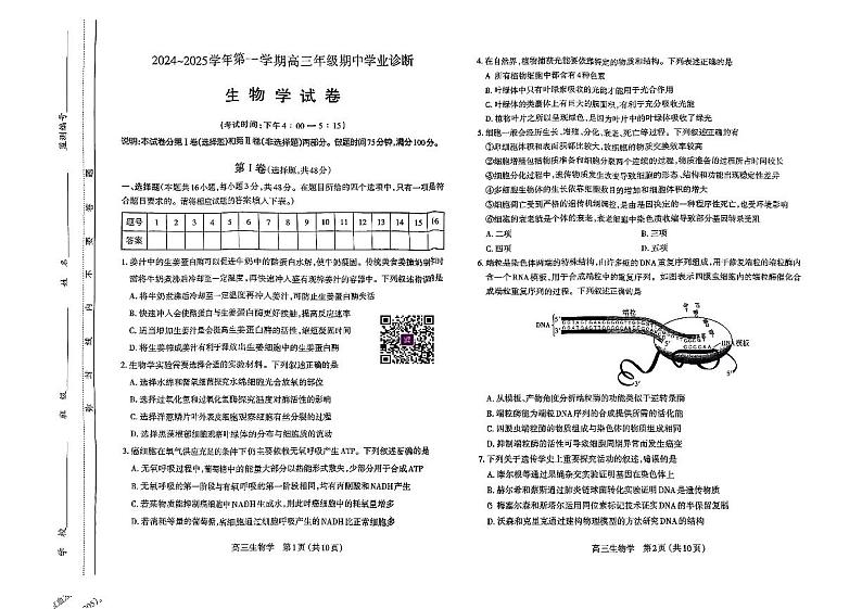 【西北卷】【山西卷】山西省太原市2024-2025学年高三年级第一（上）学期期中学业诊断考试（11.12-11.13）生物试卷01