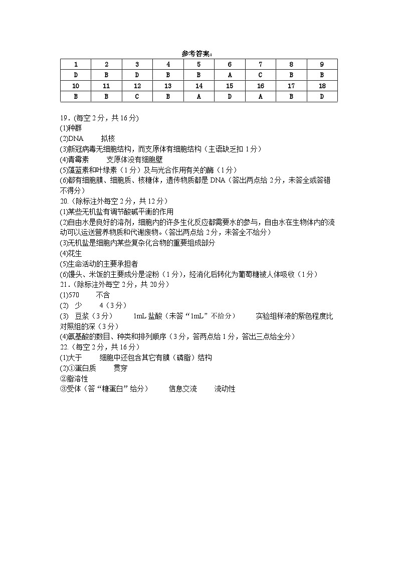 湖北省宜昌市部分示范高中2024-2025学年高一上学期11月期中考试生物试题答案（202411）第1页