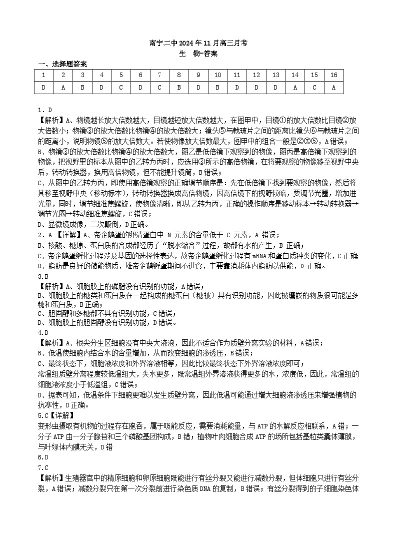 2024年11月高三月考生物参考答案第1页