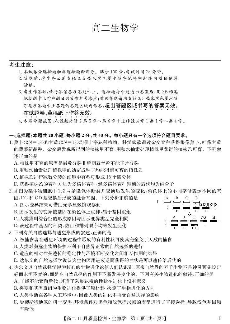 生物-高二11月质量检测 （人教版）第1页