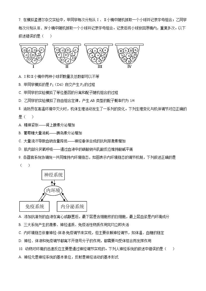 浙江省杭州市等4地2024-2025学年高二上学期11月期中生物试题 Word版无答案第3页