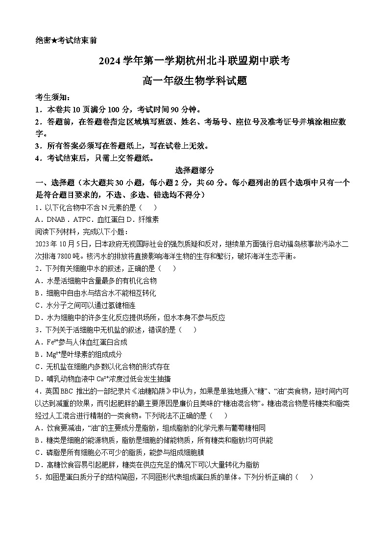 浙江省杭州市北斗联盟2024-2025学年高一上学期期中联考生物试题第1页