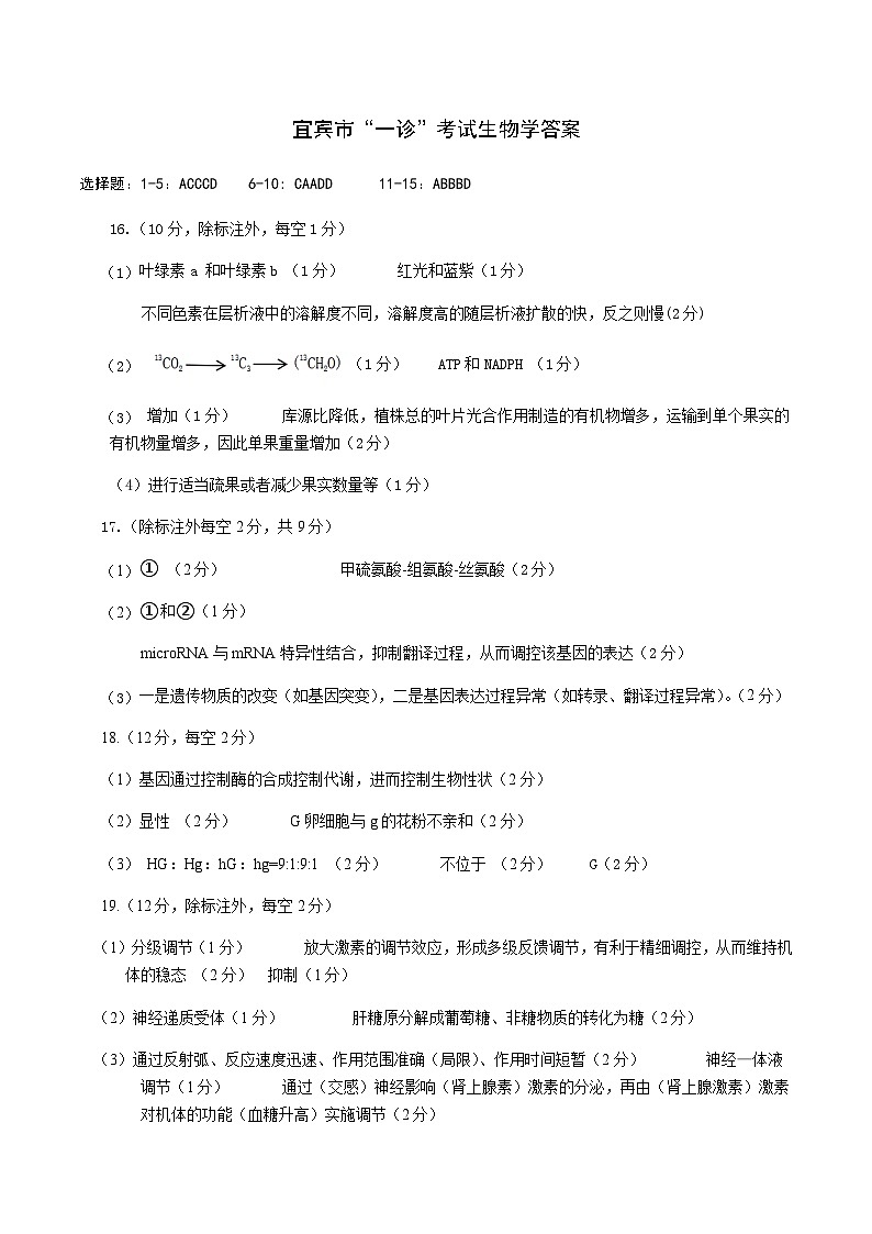 四川省宜宾市2025届高三第一次诊断性考试生物答案第1页