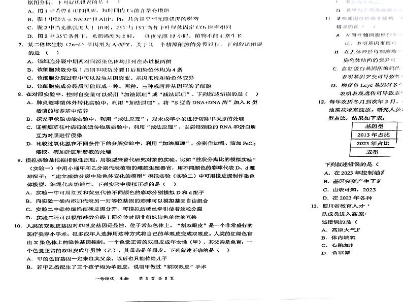 四川省宜宾市2025届高三第一次诊断性考试生物第3页