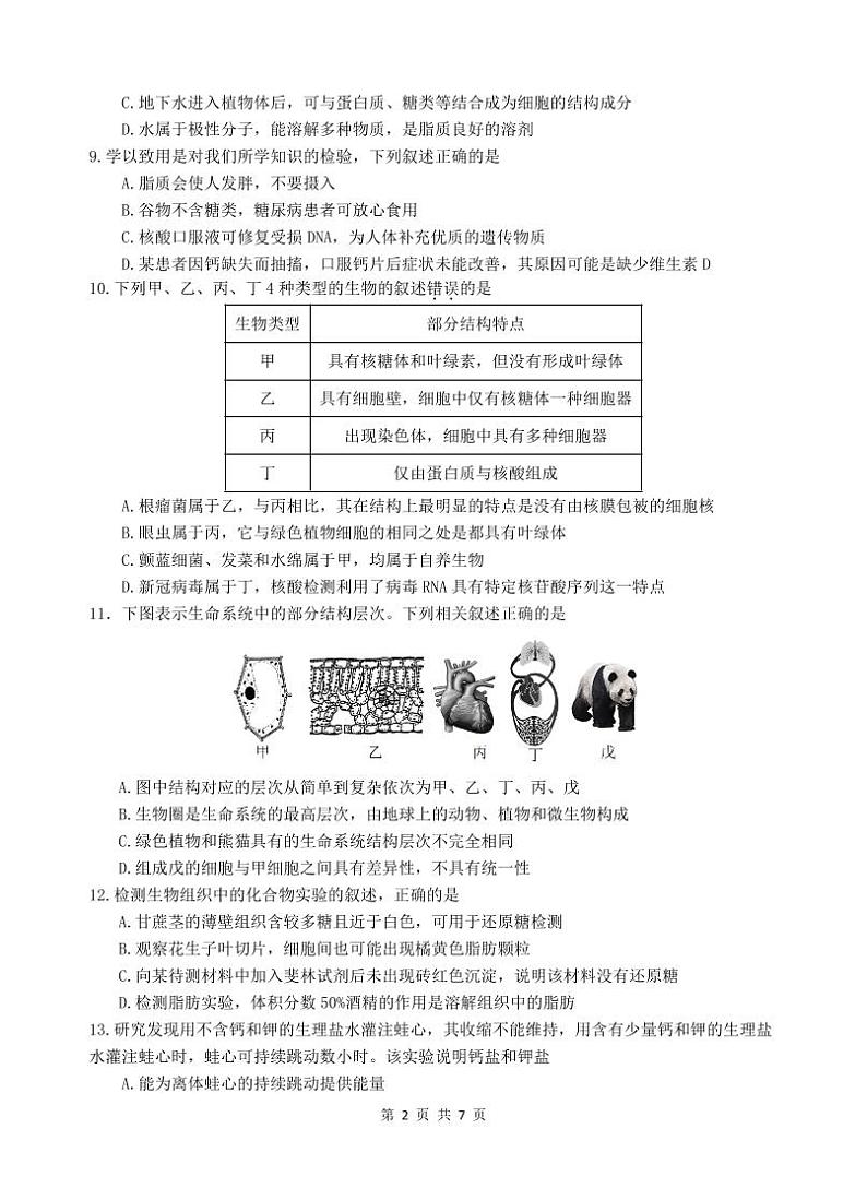 2025汕头金山中学高一上学期期中考试生物试题PDF版无答案第2页