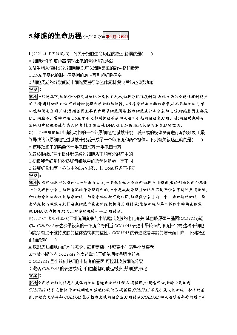 备战2025年高考二轮复习生物（山东版）知识对点小题练5细胞的生命历程（Word版附解析）第1页