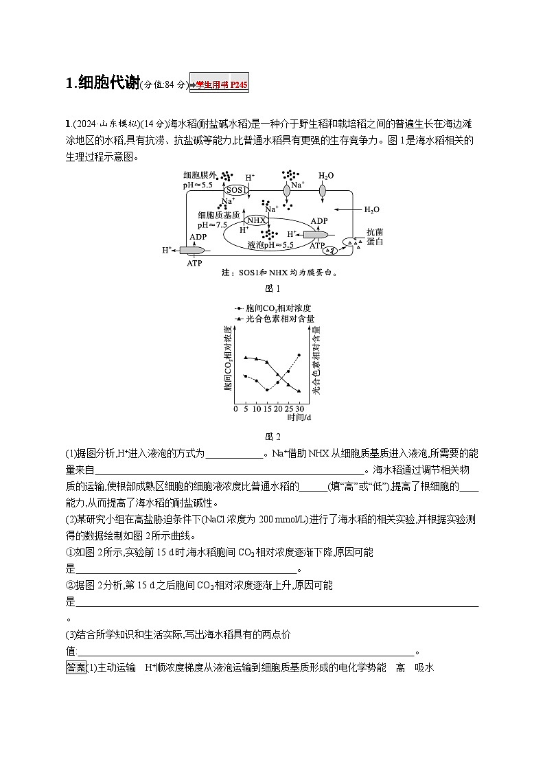 备战2025年高考二轮复习生物（山东版）大题分析与表达练1细胞代谢（Word版附解析）第1页