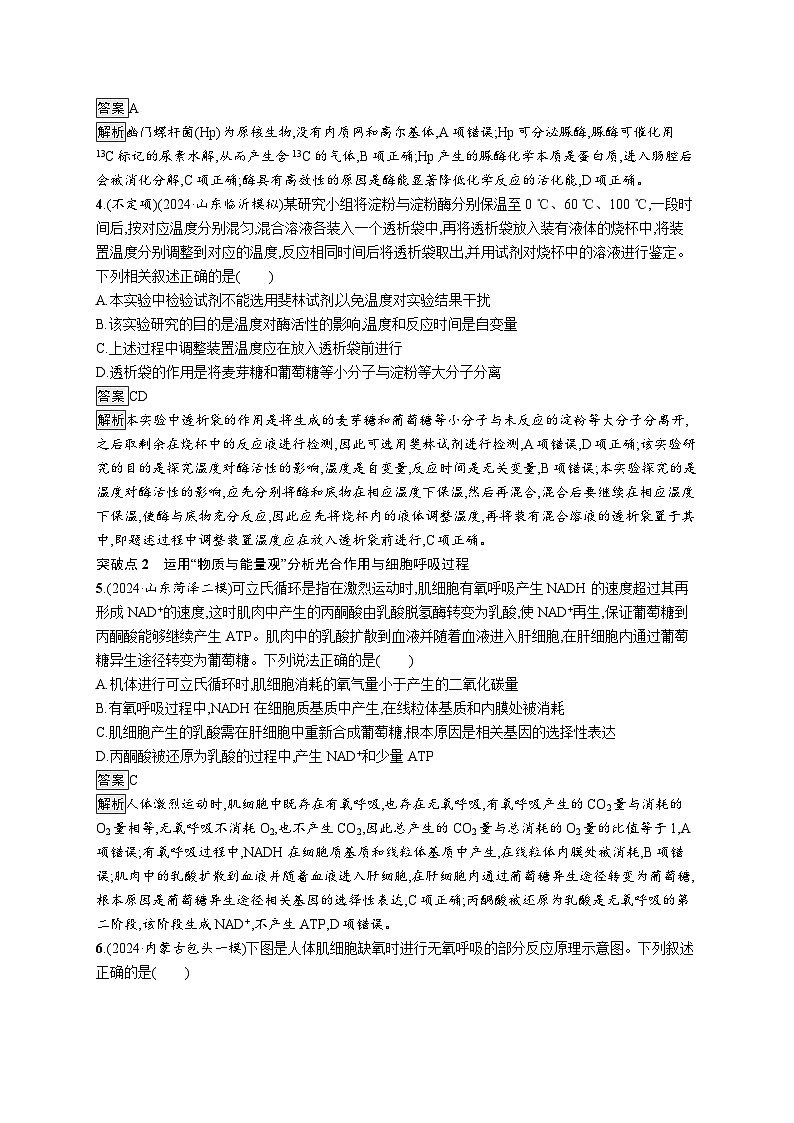 备战2025年高考二轮复习生物（山东版）大单元2细胞的生存需要能量和营养物质层级二关键突破提升练（Word版附解析）第2页