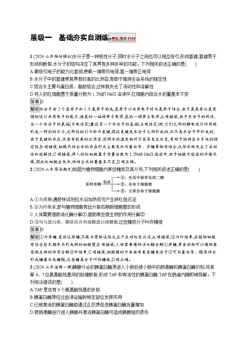 备战2025年高考二轮复习生物（山东版）大单元1细胞是生物体结构与生命活动的基本单位层级一基础夯实自测练（Word版附解析）01