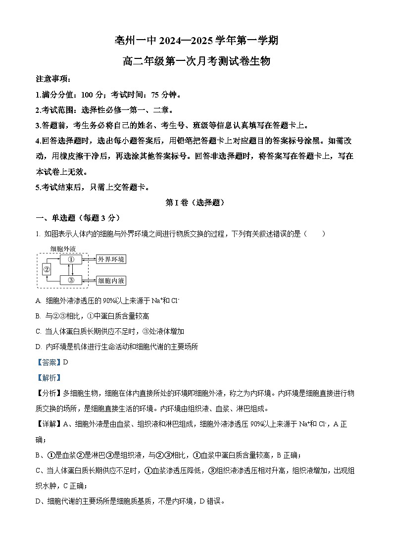 安徽省亳州市第一中学2024-2025学年高二上学期10月月考生物试题  Word版含解析第1页