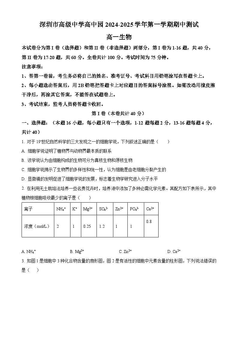 精品解析：广东省深圳市高级中学高中园2024-2025学年高一上学期期中测试生物试卷（原卷版）第1页
