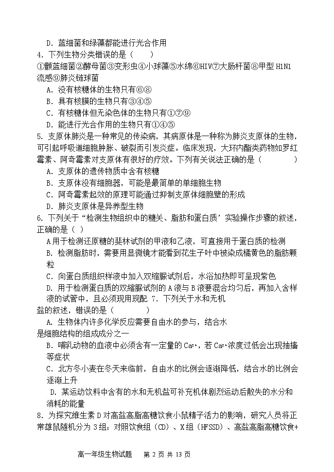 山东省泰安第一中学2024-2025学年高一上学期期中考试生物试题第2页