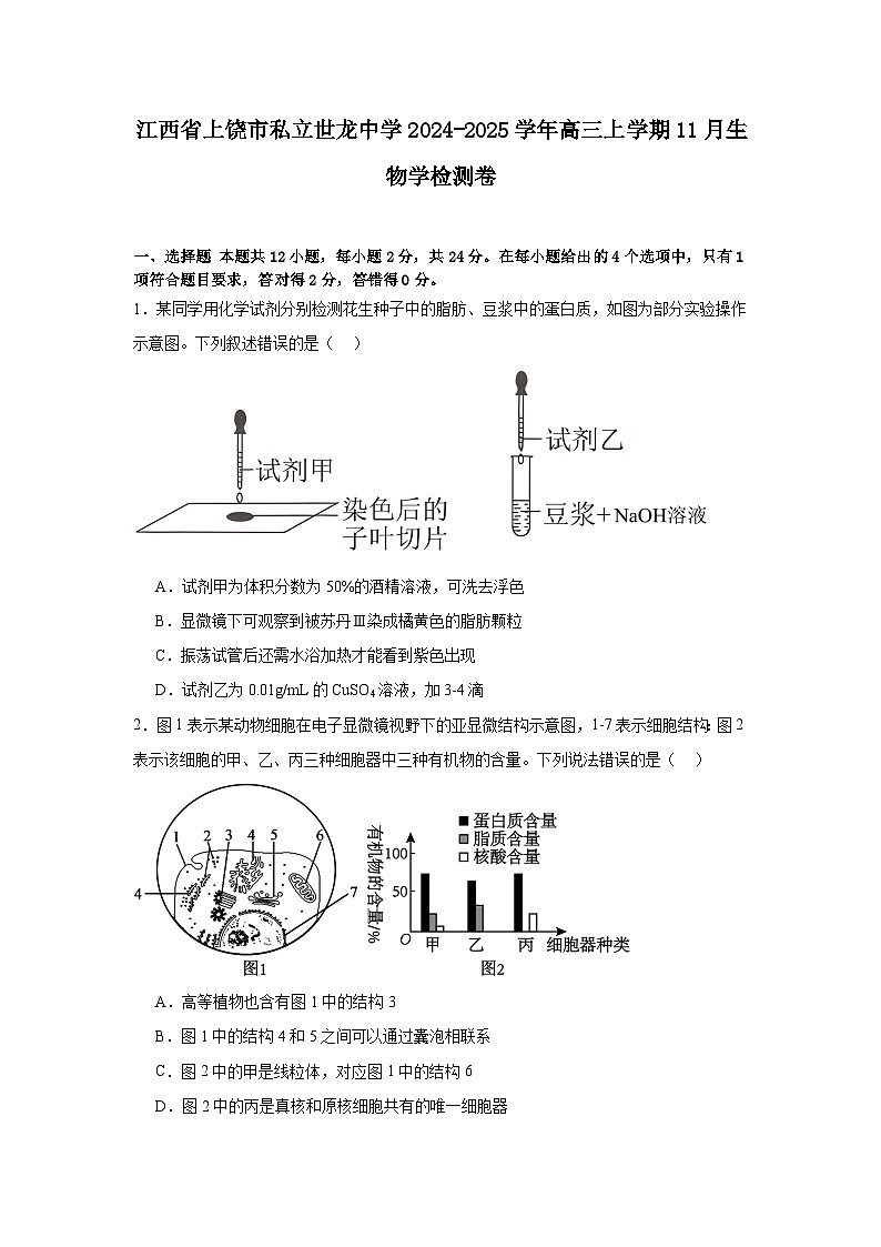 江西省上饶市私立世龙中学2024-2025学年高三上学期11月生物学检测卷第1页