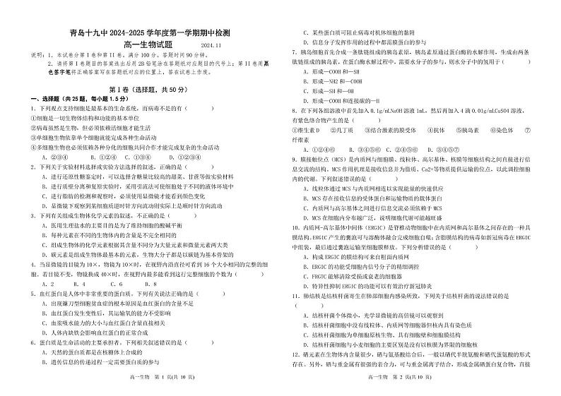 山东省青岛第十九中学2024-2025学年高一上学期11月期中考试生物试题01