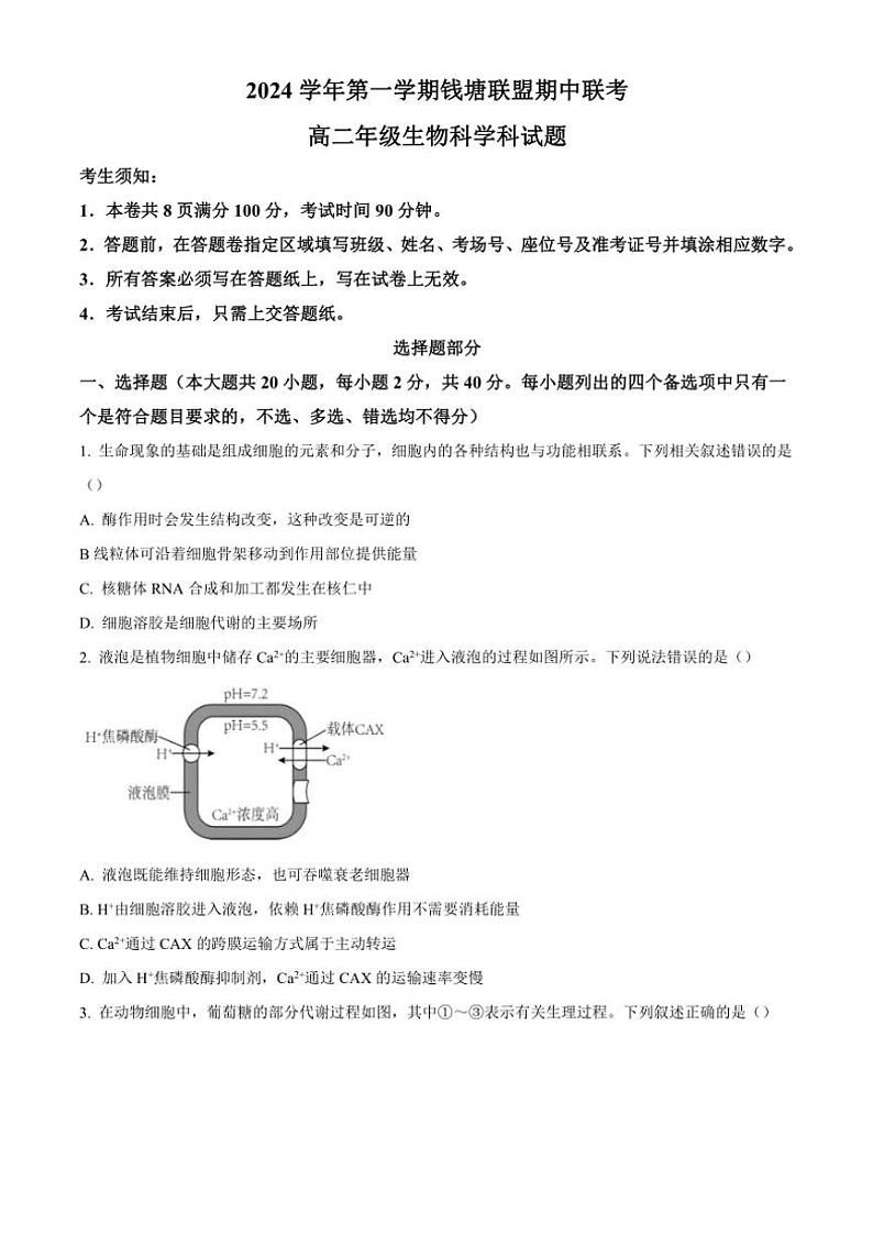 浙江省杭州市等4地2024～2025学年高二(上)期中联考生物试卷(含答案)第1页