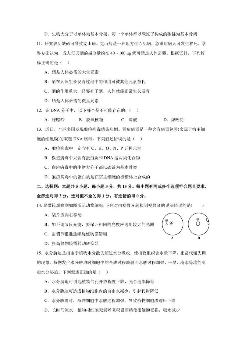 河北省秦皇岛市青龙满族自治县青龙部分学校2024～2025学年高一(上)期中生物试卷(含答案)第3页
