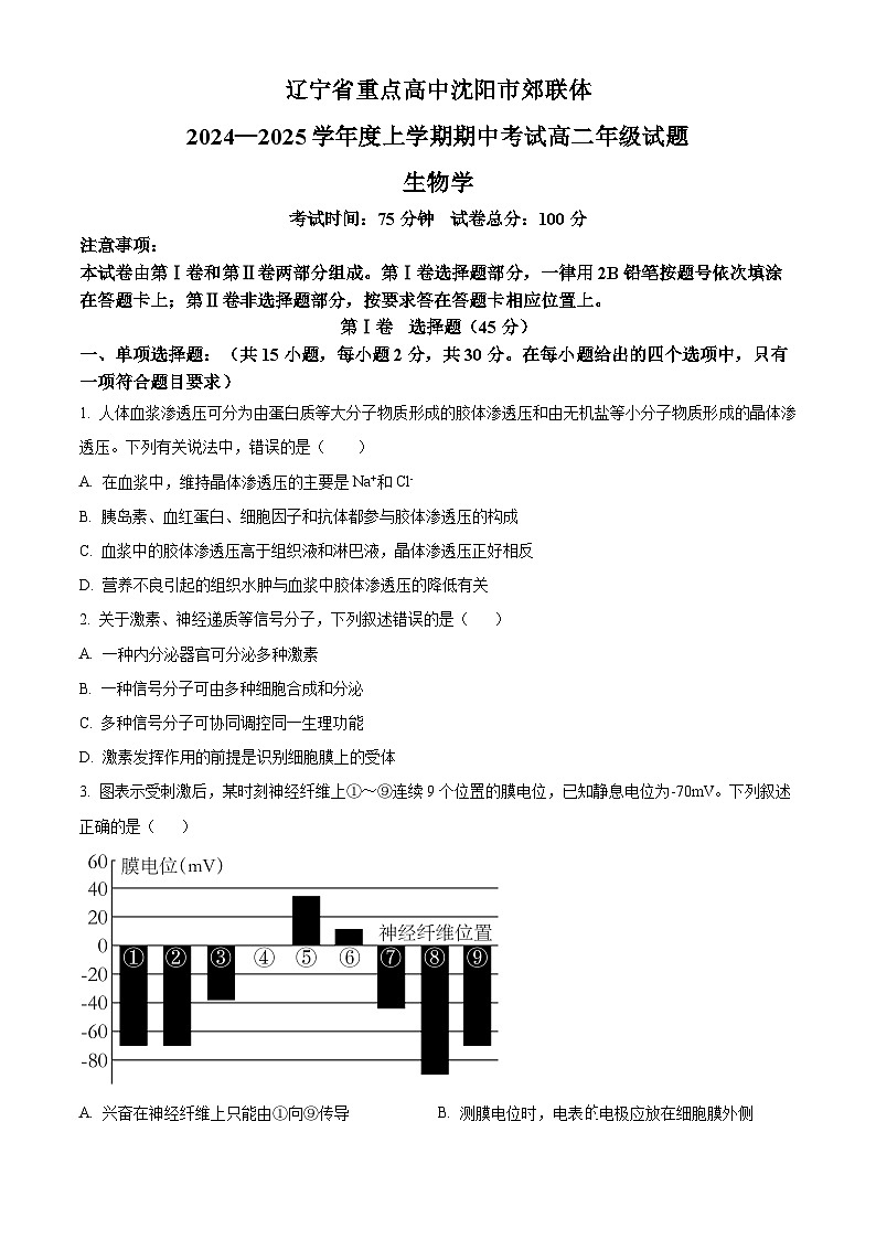 辽宁省沈阳市沈阳市郊联体2024-2025学年高二上学期11月期中生物试题  Word版无答案第1页