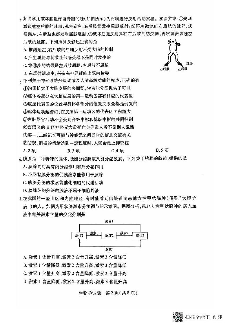 2025安徽省卓越县中联盟、皖豫名校联盟高二上学期期中考试生物PDF版无答案第2页