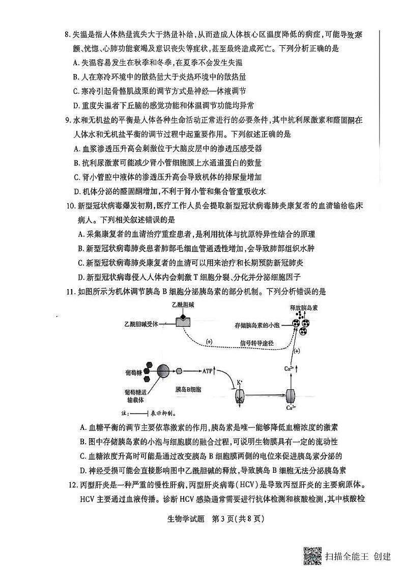 2025安徽省卓越县中联盟、皖豫名校联盟高二上学期期中考试生物PDF版无答案第3页