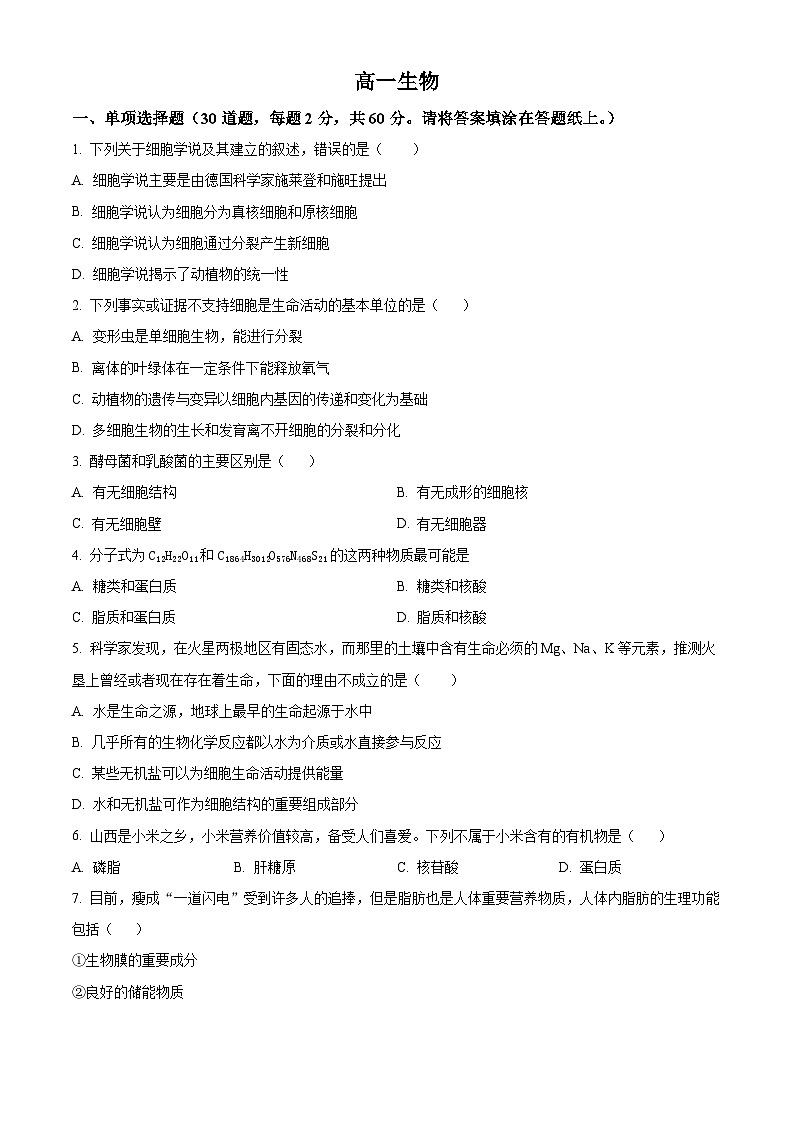 天津市红桥区2024-2025学年高一上学期期中考试生物试卷无答案第1页