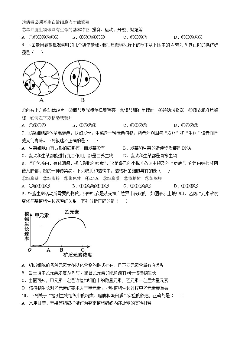湖南省耒阳市第一中学2024-2025学年高一上学期期中考试生物试题(无答案)第2页
