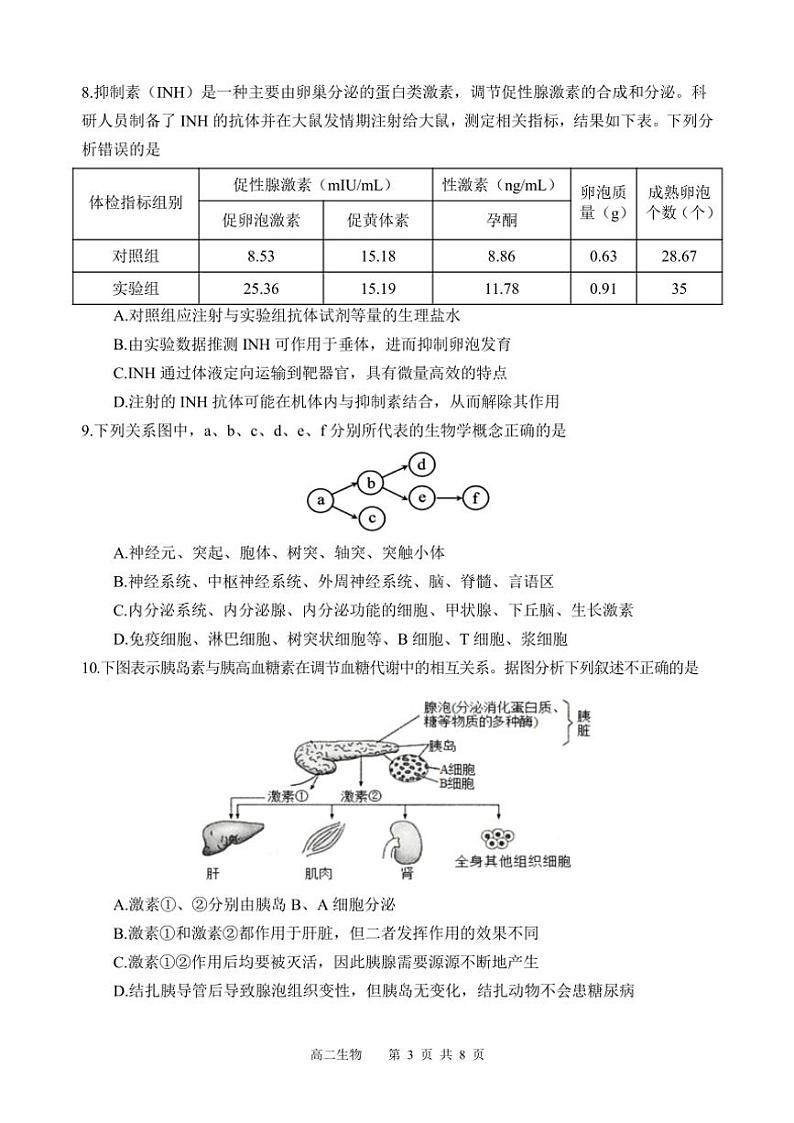 四川省遂宁市射洪中学2024～2025学年高二(上)期中生物试卷(含答案)第3页