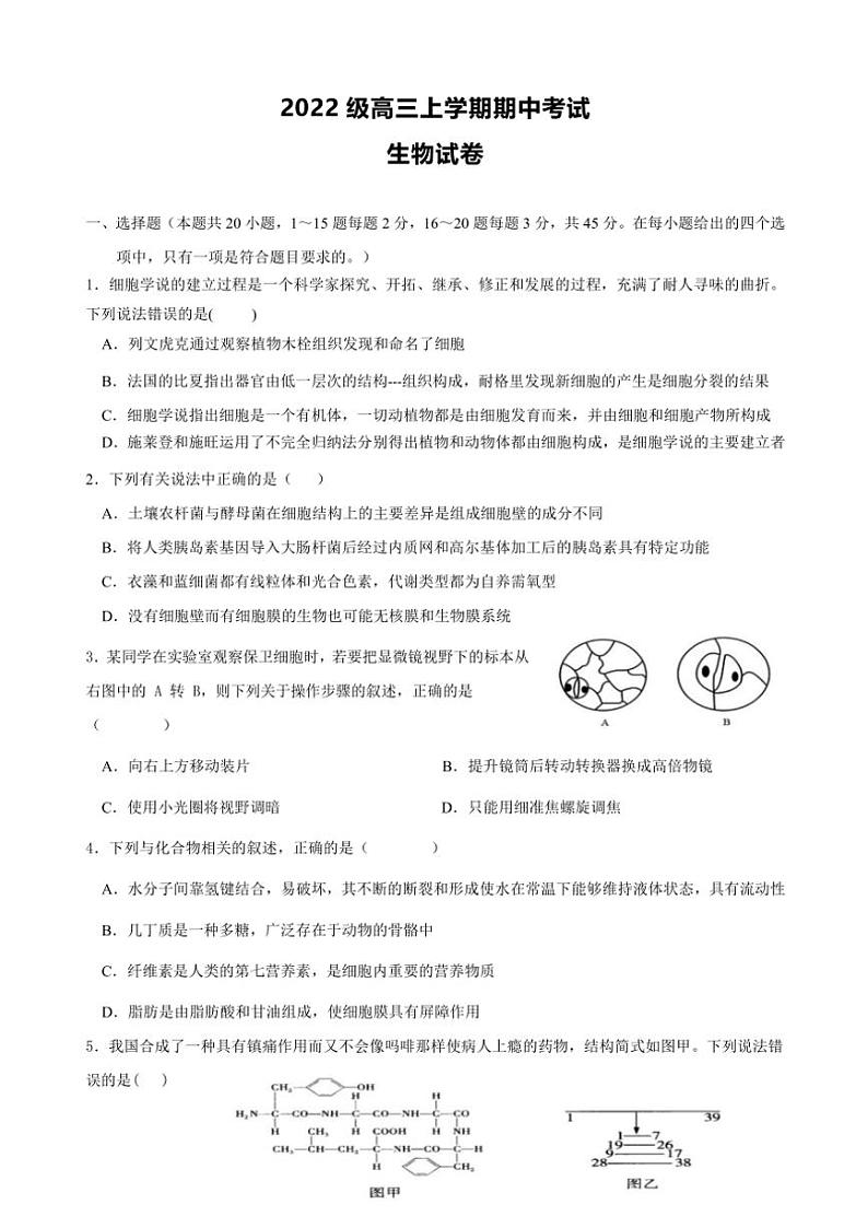 四川省眉山市仁寿县四川省仁寿第一中学校南校区2024～2025学年高三(上)期中生物试卷(含答案)第1页