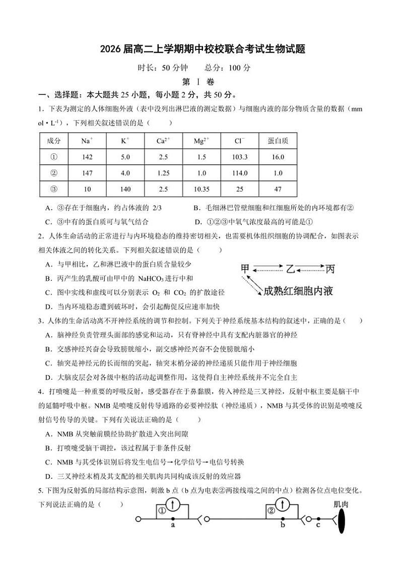 四川省眉山市东坡区2024～2025学年高二(上)期中生物试卷(含答案)第1页