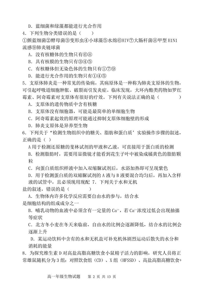 山东省泰安第一中学2024～2025学年高一(上)期中生物试卷(含答案)第3页