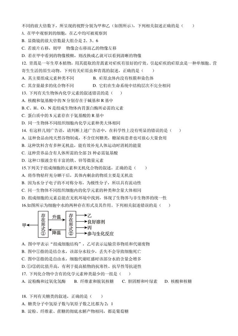 四川省成都外国语学校2024～2025学年高一(上)期中检测生物试卷(含答案)第2页