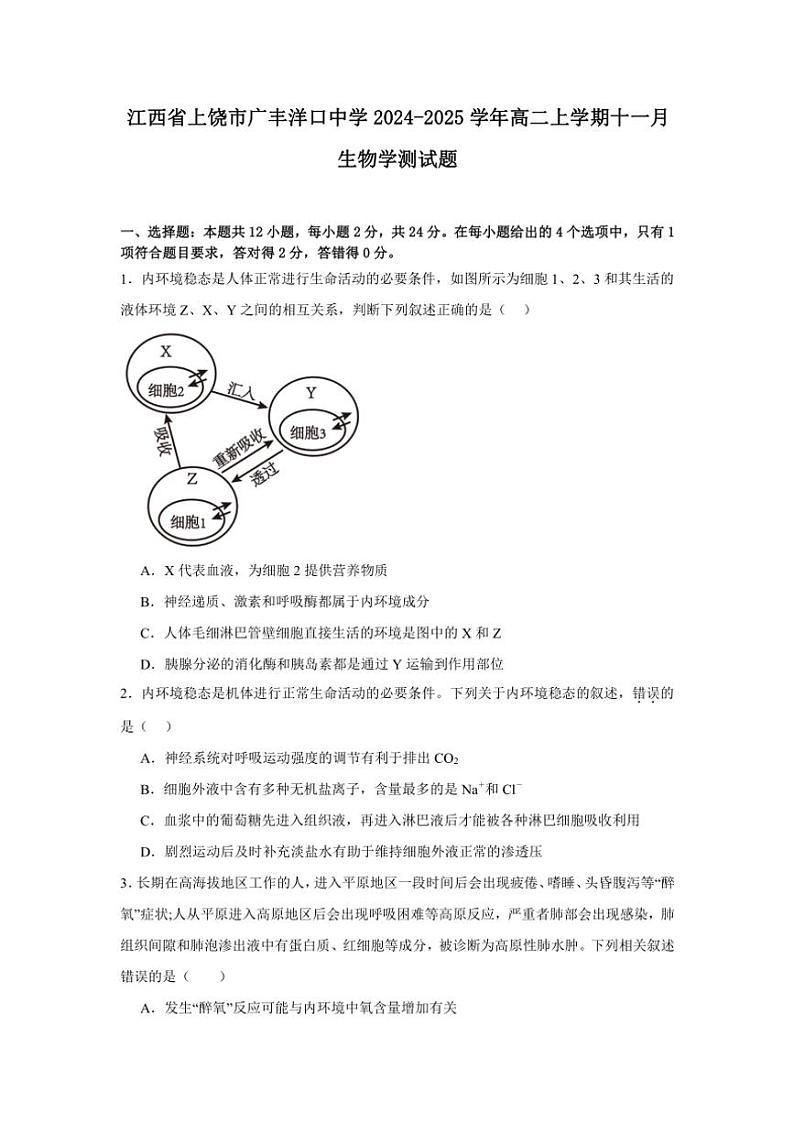 江西省上饶市广丰洋口中学2024～2025学年高二(上)十一月生物测试卷(含答案)第1页
