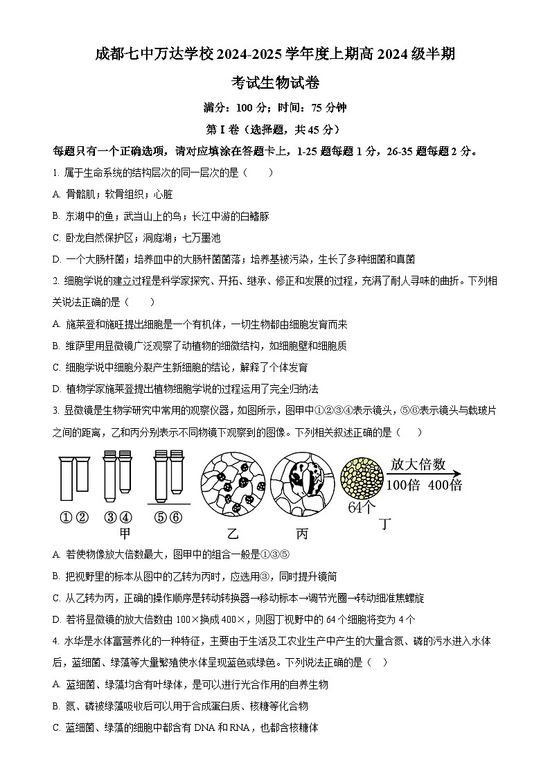 四川省成都市七中万达集团学校联考2024-2025学年高一上学期11月期中生物试题（原卷版）-A4第1页