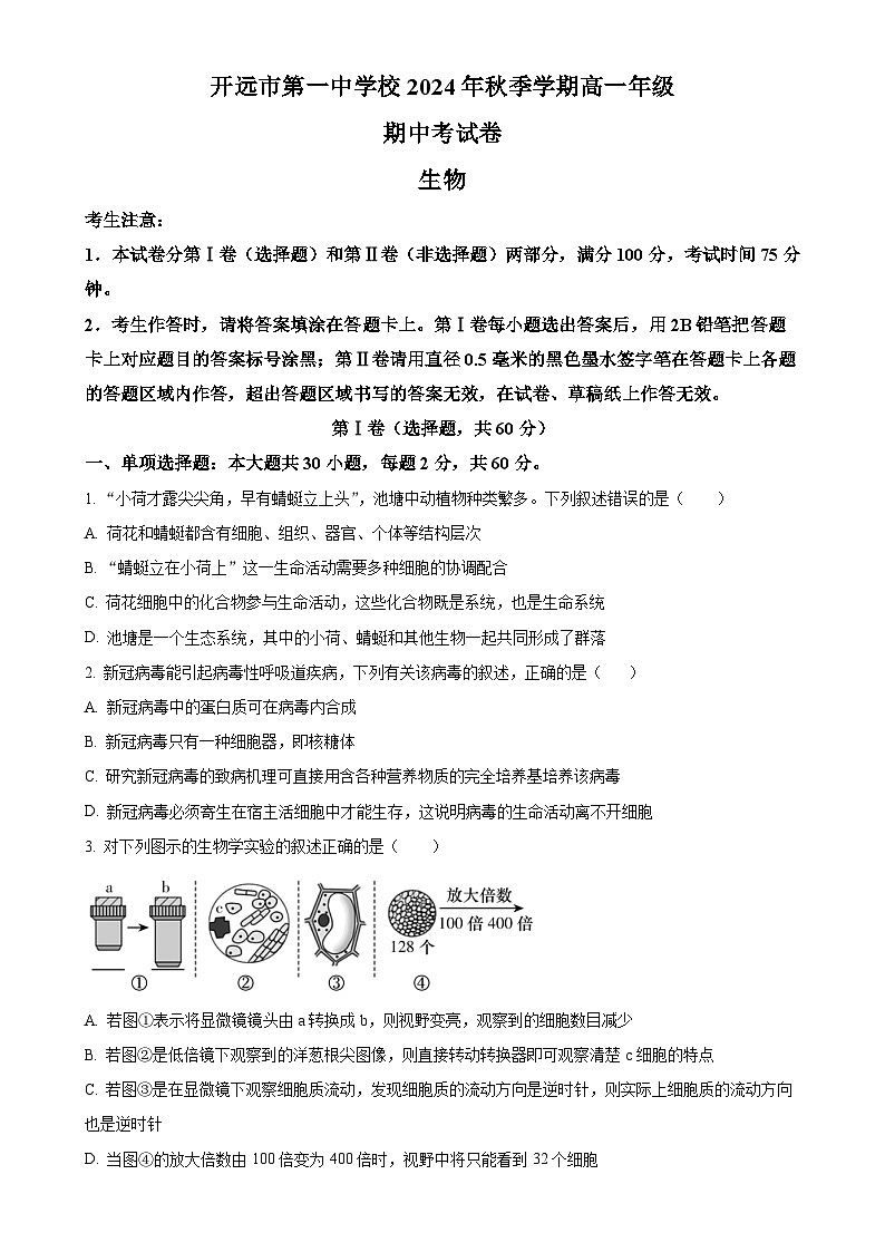 云南省开远市第一中学校2024-2025学年高一上学期期中检测生物试题（原卷版）-A4第1页