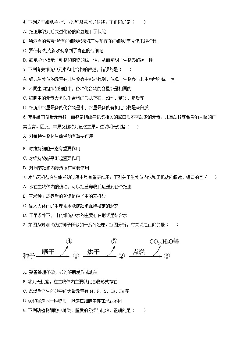 云南省开远市第一中学校2024-2025学年高一上学期期中检测生物试题（原卷版）-A4第2页
