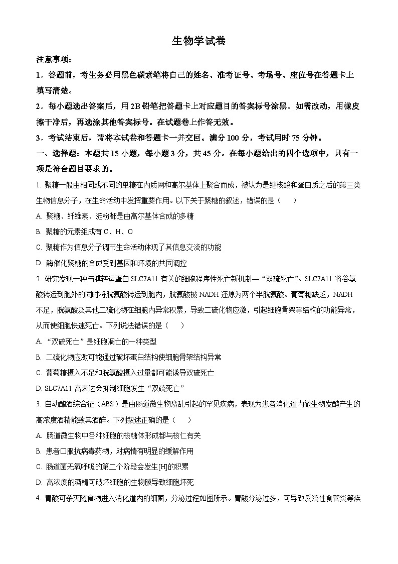 重庆市巴蜀中学校2024-2025学年高三上学期11月月考生物试题 Word版无答案第1页