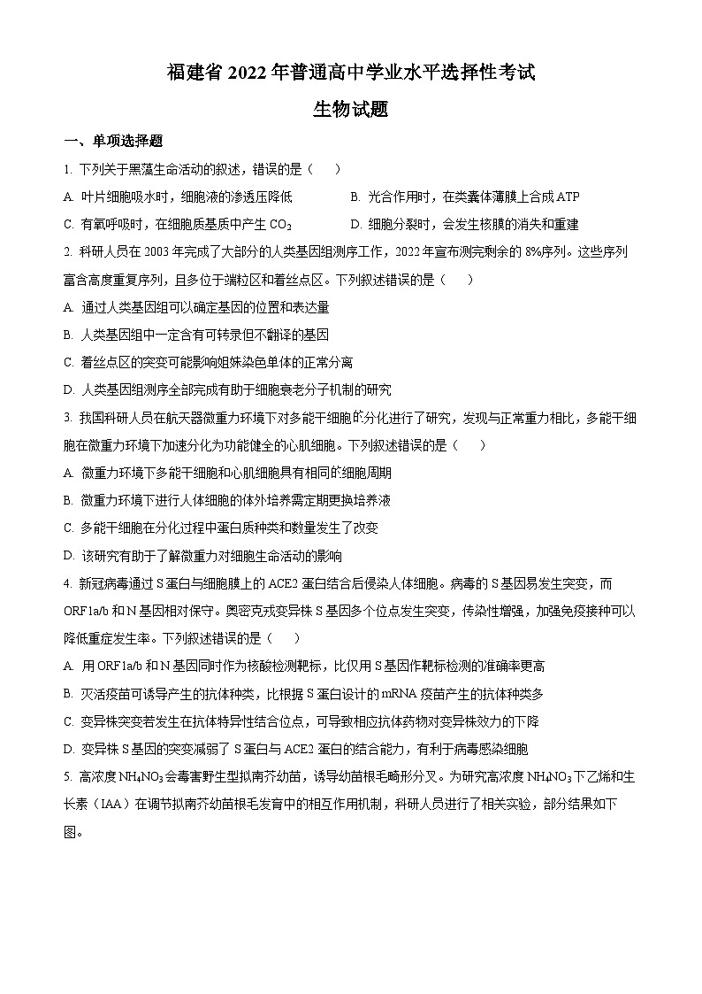 2022年高考真题——生物（福建卷） Word版无答案第1页
