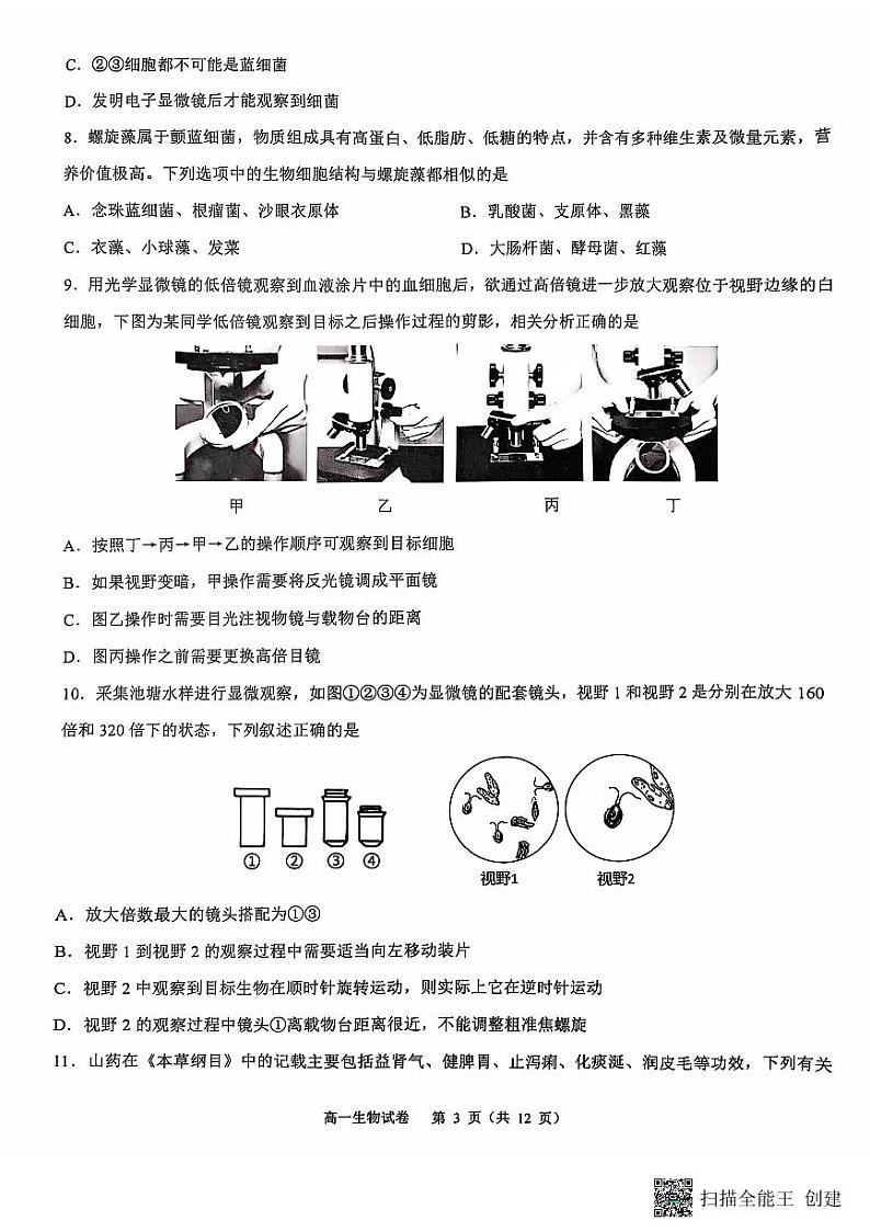 重庆市巴蜀中学教育集团2024-2025学年高一上学期期中生物试题第3页