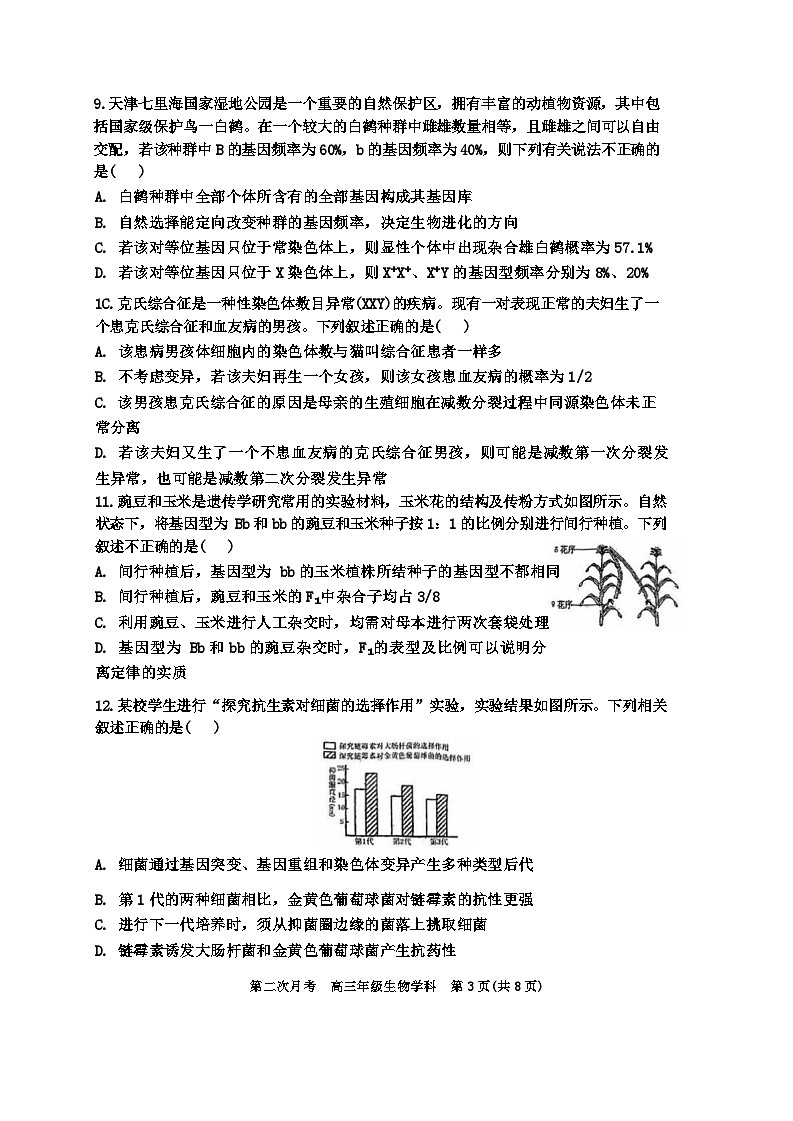 天津市耀华中学2024-2025学年高三上学期第二次月考生物试卷第3页