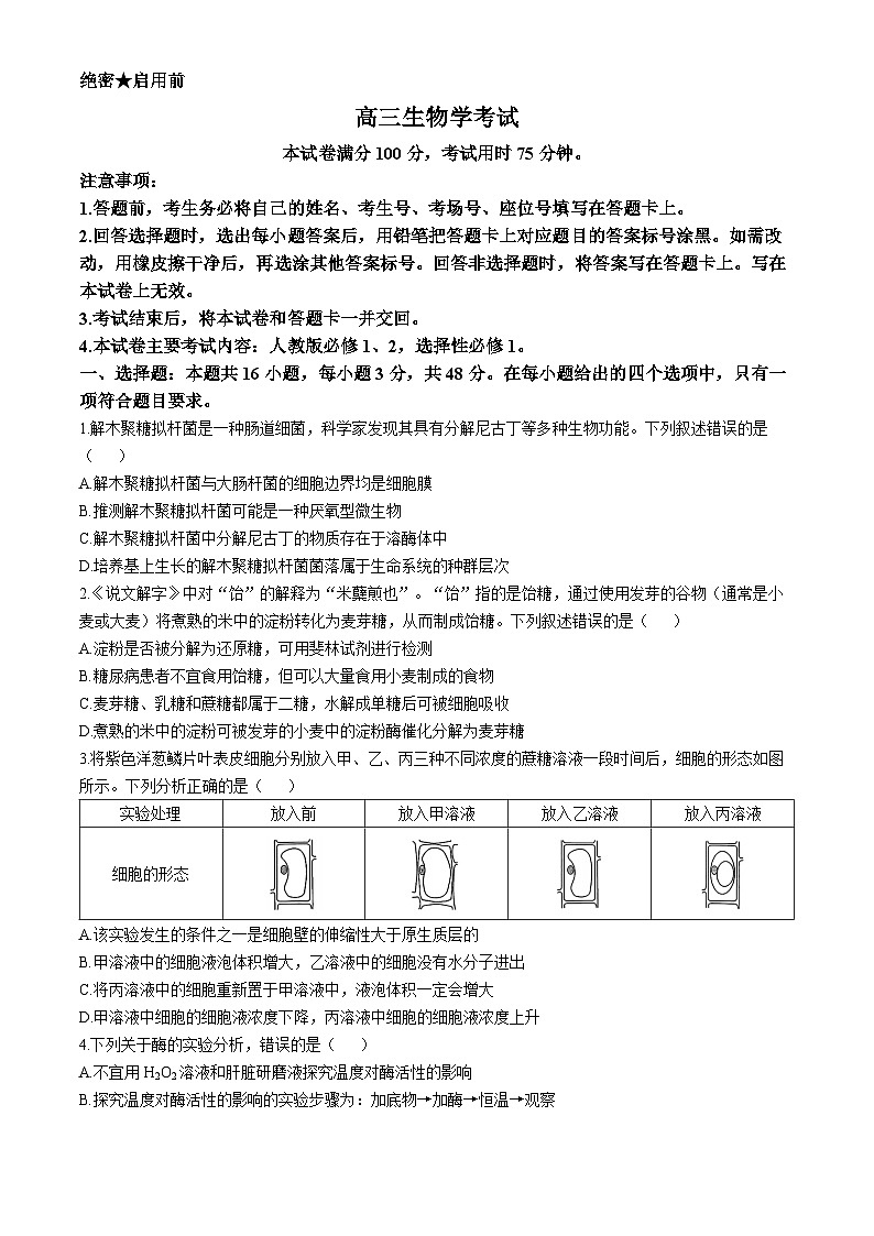 河南省驻马店市2024-2025学年高三上学期期中考试生物试题第1页