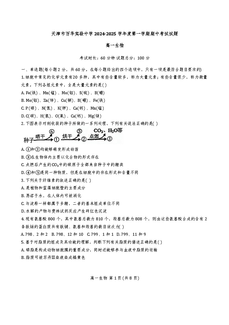 天津市东丽区天津市百华实验中学2024-2025学年高一上学期11月期中生物试题第1页