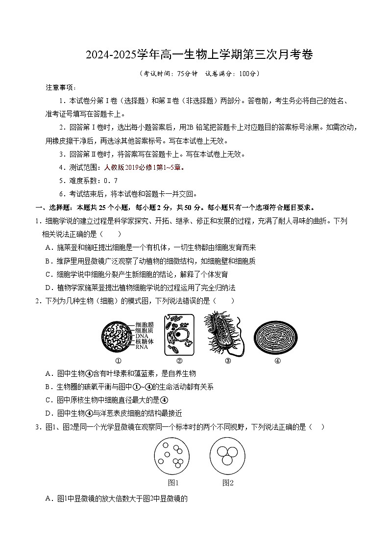高一生物第三次月考卷【测试范围：人教版2019第1~5章】（考试版A4）第1页
