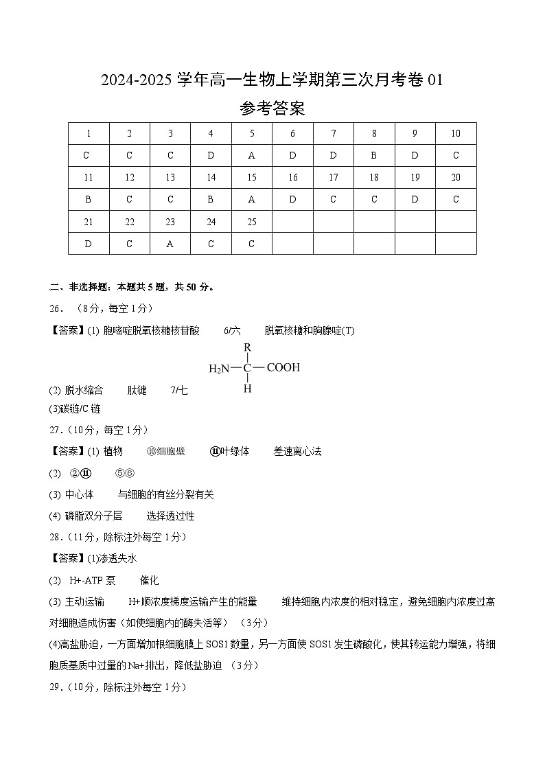 高一生物第三次月考卷01（参考答案）（新高考通用）第1页