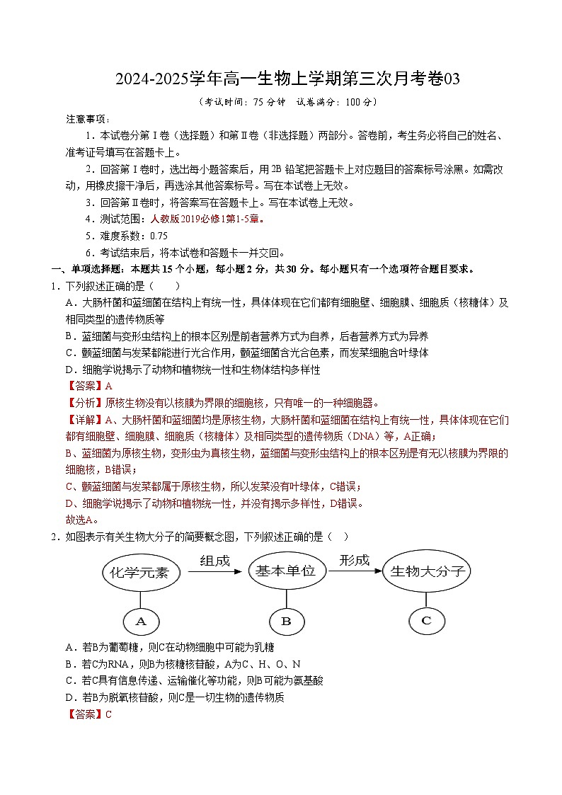 高一生物第三次月考卷03（新高考通用，不定项选择）2024-2025学年高中上学期第三次月考01