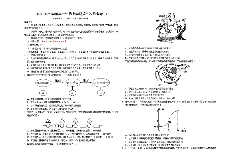 高一生物第三次月考卷03（新高考通用，不定项选择）2024-2025学年高中上学期第三次月考01