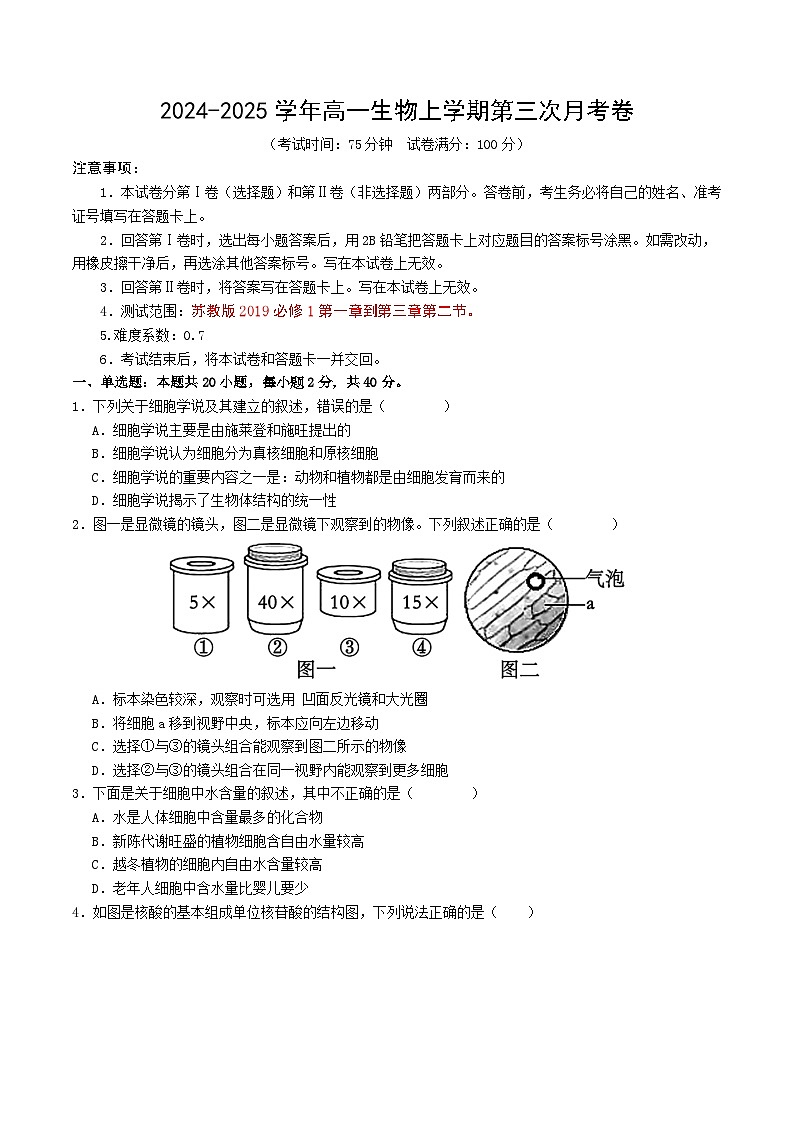 高一生物第三次月考卷（苏教版2019，必修1第一章到第三章第二节）2024-2025学年高中上学期第三次月考.zip01